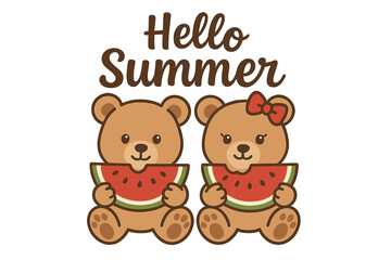 Cute bears enjoying watermelon and welcoming summer in a playful design for seasonal celebrations and events