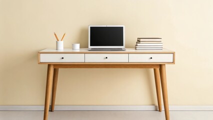 Minimalist wooden desk with laptop and books against a light wall