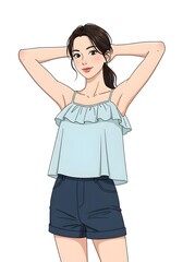 Fototapeta premium アニメ風女性イラストカシュアルファッションとリラックスホース