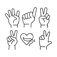 Hand gesture line icon set. Vector pictograms of thumbs up, peace sign, high five, fist bump, rock on, heart shape thin linear illustration for communication, expressions, finger ... See More