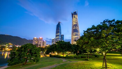Fototapeta premium City skyline at twilight with modern buildings and park