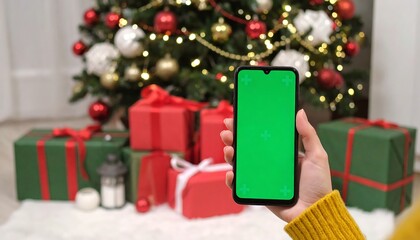 Smartphone with green screen in front of Christmas tree