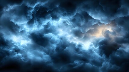 Fototapeta premium Dramatic stormy sky with dark blue turbulent clouds illuminated by moonlight breaking through, creating an atmospheric and moody natural backdrop.
