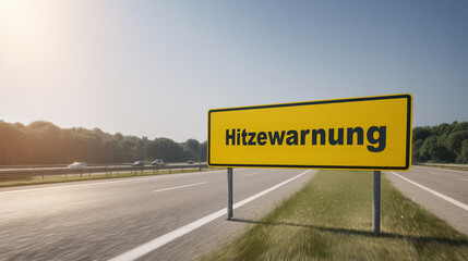 German autobahn sign reading &ldquo;Heat Warning&rdquo; (Hitzewarnung) under clear summer sky, symbolizing heatwave risk, extreme temperatures and the effects of climate change
