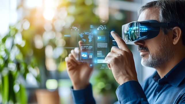 Middle-aged Caucasian man in blue sweater using augmented reality headset, interacting with holographic interface displaying digital elements and icons.