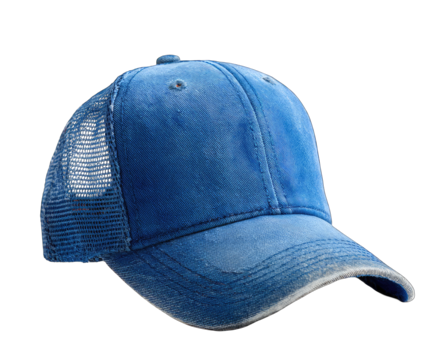 Blue distressed baseball cap with mesh back