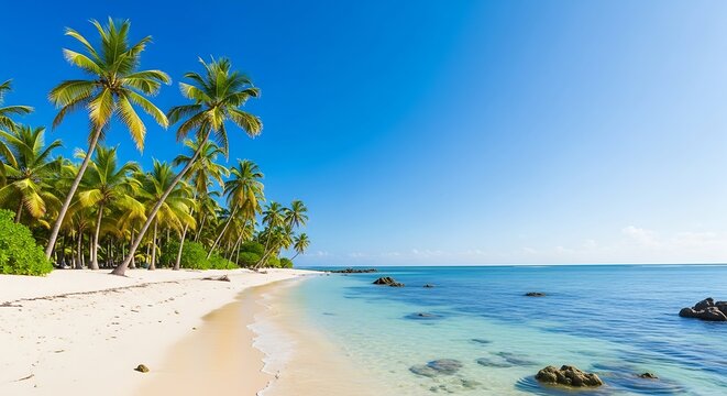 A pristine tropical beach with white sand, lush palm trees, and calm turquoise water under a clear blue sky. - Powered by Adobe
