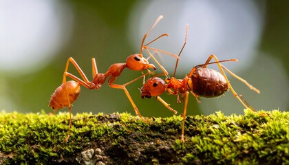 Two red ants battling on mossy branch