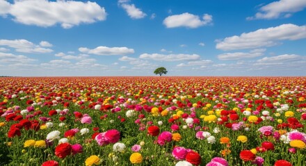 Vast blooming meadow under a bright blue sky with scattered clouds