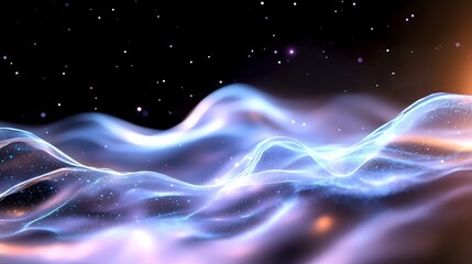 Glowing ethereal waves of blue and purple light flow across starry dark space background with lens flare effects creating mystical cosmic atmosphere.
