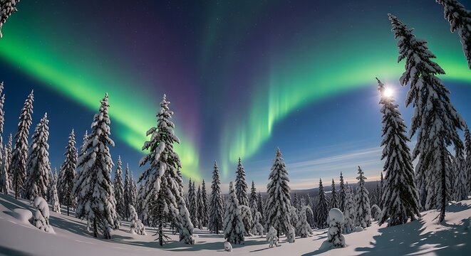 Vibrant green and purple aurora borealis illuminates a vast, snow-covered pine forest.