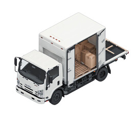 White box truck, open rear doors, loaded with cargo