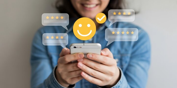Customer Reviews - A woman holding a smartphone, with glowing speech bubbles showing star ratings and a happy face emoji, for online customer feedback