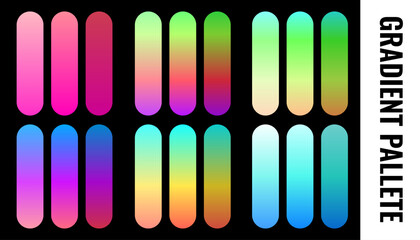 A collection of vibrant gradient swatches. Colorful palette set with smooth transitions for modern graphic design and user interface.