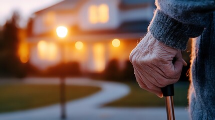 Senior person holding wooden walking cane at sunset near residential house with warm glowing lights, symbolizing independence and aging in place concept.