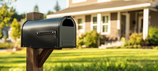 The elegant black mailbox in a sunny residential front yard setting