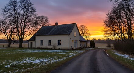 Farmhouse house exterior panoramic view in winter with stucco finish under sunset - Stunning Outdoor View