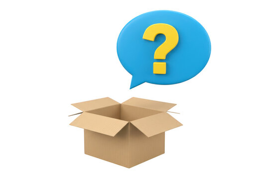 Open cardboard box with a blue speech bubble containing a yellow question mark isolated on transparent background