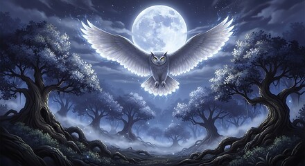 A majestic white owl soars through a dark forest under the glow of a full moon, its wings spread wide in flight.