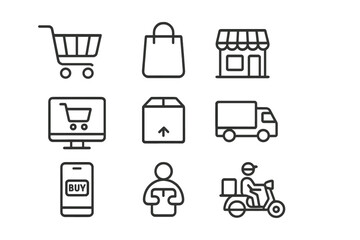 Shopping icons depicting various online and in-store retail activities, including carts, bags, and delivery services