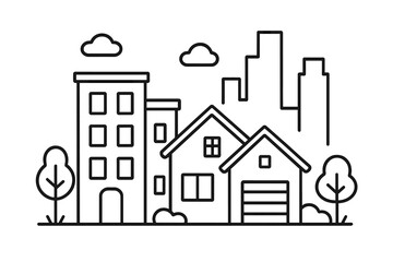 Urban landscape blending residential houses and commercial buildings under a cloudy sky during the day