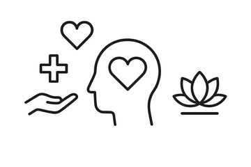 Symbols of mental health and well-being through mindfulness, support, and self-care practices in a calming design