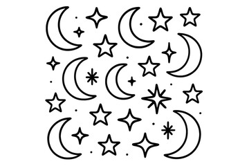 Creative pattern featuring moons and stars with various sizes and shapes on a simple background