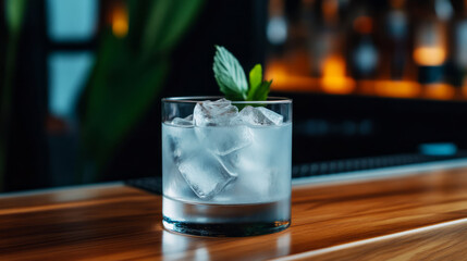Refreshing Glass of Cocktail with Ice and Mint Leaves on Bar Counter in Elegant Setting