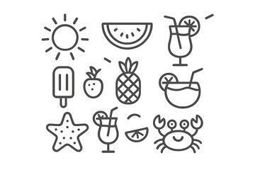 Summer fun with refreshing drinks, tropical fruits, and beach vibes captured in a playful line art style