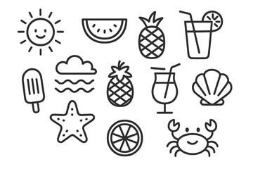 Fun summer-themed illustrations featuring sun, fruits, drinks, and ocean elements in a playful design style