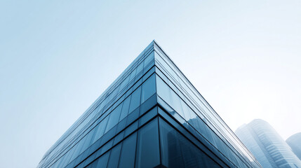 Obraz premium Sleek modern building with glass facade, cityscape, blue sky, urban architecture, contemporary style