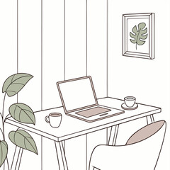 Minimalist Workspace: A clean, modern workspace setup featuring a laptop, coffee, and a touch of nature, creating a serene and functional environment. 