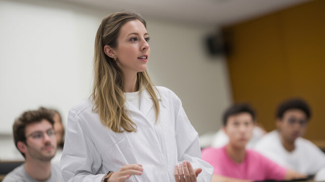 Female researcher presenting health science project in classroom, confident expression, students listening attentively