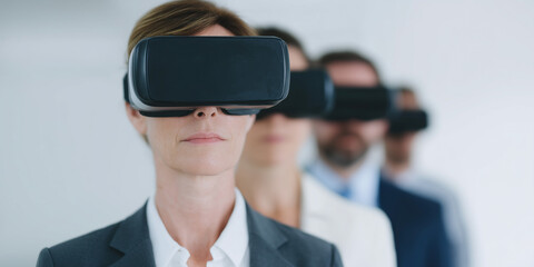 Business team wearing virtual reality headset, focused and innovative, exploring digital technology in modern office