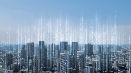 City skyline digital data grid futuristic technology urban blue modern innovation overlay glowing