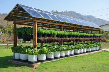Autonomous agricultural greenhouse with solar roof, drip irrigation, and climate control units.