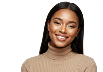 Portrait of a beautiful young black woman smiling happily, isolated on transparent background