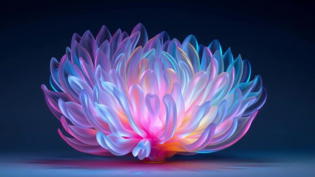 Glass chrysanthemum flower with pink and blue gradient colors glowing softly on dark background creating vibrant delicate light and visual effect with artistic smooth petals design