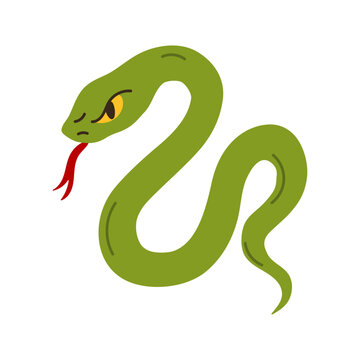 A green snake with red tongue and yellow eyes. The snake is angry and ready to strike. The image is in black and white