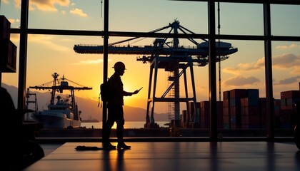 an individual standing by a large window at sunset, overlooking a bustling harbor filled with shipping containers and industrial structures