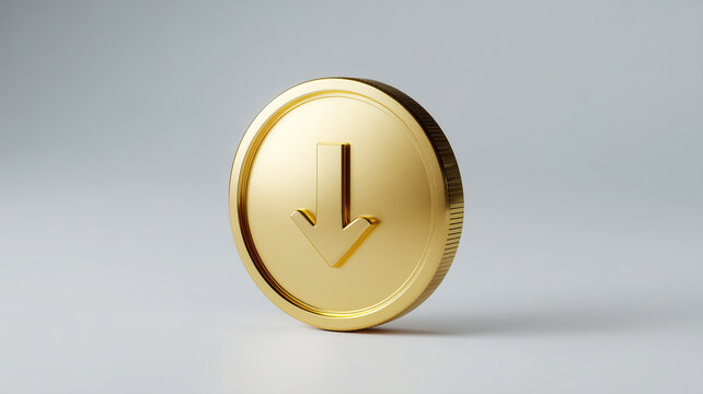Gold coin down arrow symbol finance investment currency metallic isolated concept decrease shiny economic loss business wealth