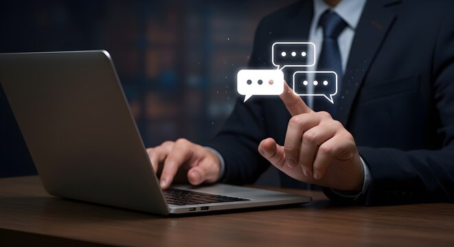 A businessman interacts with a laptop, pointing to a speech bubble icon, representing online communication or digital messaging. - Powered by Adobe