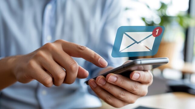 Digital Communication - A man's hand using a smartphone, with a glowing email icon and a notification, symbolizing a new message and professional communication