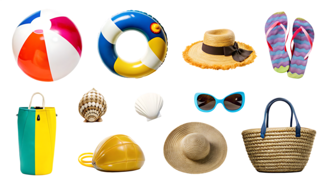 Colorful beach accessories collection isolated on a transparent background beach ball