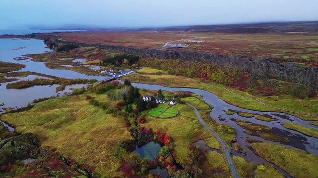Aerial View of Iceland&rsquo;s &THORN;ingvellir National Park: Rift Valley & Autumn Colors