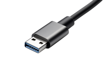 Closeup studio shot of a usb 30 cable connector with a blue interior, isolated on a transparent background