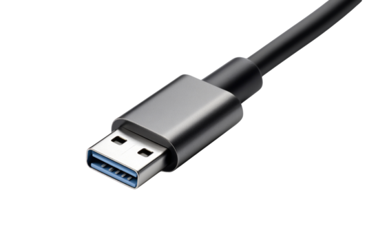 Closeup studio shot of a usb 30 cable connector with a blue interior, isolated on a transparent background
