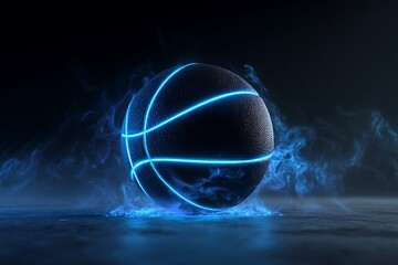Basketball featuring bright blue neon lines on dark smoky background
