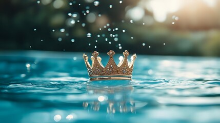 Golden crown floating on turquoise water surface with splashing droplets and sunlight bokeh creating magical atmosphere. Perfect for fairy tale concepts.