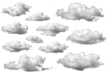 Collection of fluffy white clouds isolated on transparent background